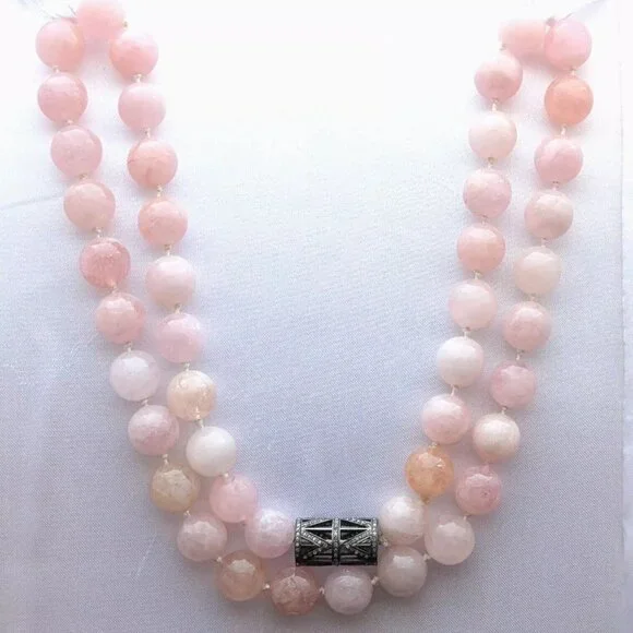 Vintage Sterling Rose Cut Diamond Pendant 11.5MM Pink Quarts Beaded Necklace 25"